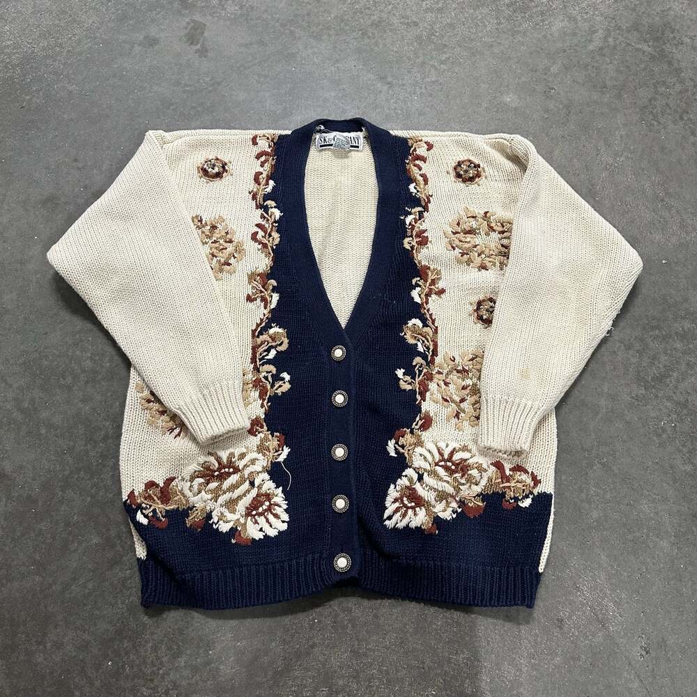 SK & Company Vintage 90s Floral Knit Button Cardigan Sweater Cream Size M